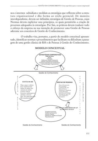 111
GESTÃO DO CONHECIMENTO: Uma experiência para o sucesso empresarial
nos e internos subsidiam e moldam as estratégias que refletem sobre a estru-
tura organizacional e dão forma ao estilo gerencial. De maneira
interdependente, devem ser definidas estratégias de Gestão de Pessoas, cujas
Normas devem explicitar seus princípios, os quais permitirão a criação de
processos adequados às estratégias. Por fim, as práticas devem traduzir todo
o esforço da empresa na sua intenção de promover uma Gestão de Pessoas
aderente aos conceitos de Gestão do Conhecimento.
O trabalho visa, portanto, a partir do modelo conceitual apresen-
tado, identificar normas e procedimentos que facilitam ou dificultam a passa-
gem de uma gestão clássica de RH e de Pessoas à Gestão do Conhecimento.
MODELO CONCEITUAL
 