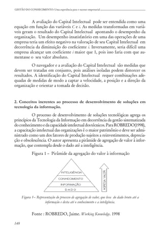 148
GESTÃO DO CONHECIMENTO: Uma experiência para o sucesso empresarial
A avaliação do Capital Intelectual pode ser entendida como uma
equação em função das variáveis C e i. As medidas transformadas em variá-
veis geram o resultado do Capital Intelectual apontando o desempenho da
organização. Um desempenho insatisfatório em uma das operações de uma
empresa teria um efeito negativo na valoração de seu Capital Intelectual em
decorrência da diminuição do coeficiente i. Inversamente, seria difícil uma
empresa alcançar um coeficiente i maior que 1, pois isso faria com que au-
mentasse o seu valor absoluto.
O navegador e a avaliação do Capital Intelectual são medidas que
devem ser tratadas em conjunto, pois análises isoladas podem distorcer os
resultados. A identificação do Capital Intelectual requer combinações ade-
quadas de medidas de modo a captar a velocidade, a posição e a direção da
organização e orientar a tomada de decisão.
2. Conceitos inerentes ao processo de desenvolvimento de soluções em
tecnologia da informação.
O processo de desenvolvimento de soluções tecnológicas agrega os
princípios da Tecnologia da Informação em decorrência da gestão sistematizada
doconhecimentoedacapacidadeintelectualdostécnicos.ParaROBREDO(1998),
a capacitação intelectual das organizações é o maior patrimônio e deve ser admi-
nistrado como um dos fatores de produção sujeitos a reinvestimentos, deprecia-
ção e obsolescência. O autor apresenta a pirâmide de agregação de valor à infor-
mação, que contempla desde o dado até a inteligência.
Figura 1 – Pirâmide da agregação do valor à informação
Figura 1– Representação do processo de agregação de valor, que leva do dado bruto até a
informação e desta até o conhecimento e a inteligência.
Fonte : ROBREDO, Jaime. Working Knowledge. 1998
 