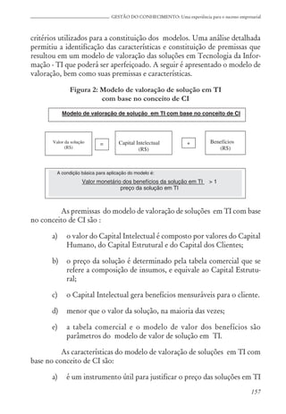 157
GESTÃO DO CONHECIMENTO: Uma experiência para o sucesso empresarial
critérios utilizados para a constituição dos modelos. Uma análise detalhada
permitiu a identificação das características e constituição de premissas que
resultou em um modelo de valoração das soluções em Tecnologia da Infor-
mação - TI que poderá ser aperfeiçoado. A seguir é apresentado o modelo de
valoração, bem como suas premissas e características.
Figura 2: Modelo de valoração de solução em TI
com base no conceito de CI
As premissas do modelo de valoração de soluções em TI com base
no conceito de CI são :
a) o valor do Capital Intelectual é composto por valores do Capital
Humano, do Capital Estrutural e do Capital dos Clientes;
b) o preço da solução é determinado pela tabela comercial que se
refere a composição de insumos, e equivale ao Capital Estrutu-
ral;
c) o Capital Intelectual gera benefícios mensuráveis para o cliente.
d) menor que o valor da solução, na maioria das vezes;
e) a tabela comercial e o modelo de valor dos benefícios são
parâmetros do modelo de valor de solução em TI.
As características do modelo de valoração de soluções em TI com
base no conceito de CI são:
a) é um instrumento útil para justificar o preço das soluções em TI
 