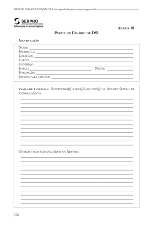 226
GESTÃO DO CONHECIMENTO: Uma experiência para o sucesso empresarial
ANEXO 01
PERFIL DE USUÁRIO DE DSI
IDENTIFICAÇÃO
NOME: ____________________________________________________________
MATRÍCULA ________________________________________________________
LOTAÇÃO: _________________________________________________________
CARGO: ___________________________________________________________
ENDEREÇO: ________________________________________________________
E-MAIL:____________________________________ NOTES: _______________
FORMAÇÃO: ________________________________________________________
IDIOMAS PARA LEITURA: _______________________________________________
TEMAS DE INTERESSE: DESCREVERO(S) RAMO(S)/ASSUNTO(S) DA ÁRVORE SERPRO DE
CONHECIMENTO:
_________________________________________________________________
_________________________________________________________________
_________________________________________________________________
_________________________________________________________________
_________________________________________________________________
_________________________________________________________________
_________________________________________________________________
_________________________________________________________________
_________________________________________________________________
_________________________________________________________________
_________________________________________________________________
_________________________________________________________________
OUTROS TEMAS NÃO INCLUÍDOS NA ÁRVORE:
_________________________________________________________________
_________________________________________________________________
_________________________________________________________________
_________________________________________________________________
_________________________________________________________________
_________________________________________________________________
_________________________________________________________________
_________________________________________________________________
_________________________________________________________________
_________________________________________________________________
_________________________________________________________________
_________________________________________________________________
 