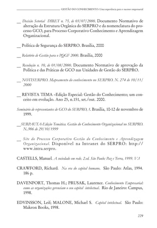 229
GESTÃO DO CONHECIMENTO: Uma experiência para o sucesso empresarial
__ Decisão Setorial DIRET n. 75, de 03/07/2000. Documento Normativo de
alteração da Estrutura Orgânica do SERPRO e da nomenclatura do pro-
cesso GCO, para Processo Corporativo Conhecimento e Aprendizagem
Organizacional.
__ Política de Segurança do SERPRO. Brasília, 2000
__ Relatório de Gestão para o PQGF 2000. Brasília, 2000
__ Resolução n. 10, de 01/08/2000. Documento Normativo de aprovação da
Política e das Práticas de GCO nas Unidades de Gestão do SERPRO.
__ NOTISERPRO. Mapeamento do conhecimento no SERPRO. N. 274 de 10/11/
2000
__ REVISTA TEMA –Edição Especial: Gestão do Conhecimento; um con-
ceito em evolução. Ano 25, n.151, set./out. 2000.
Seminário de representantes de GCO do SERPRO, 1. Brasília, 10-12 de novembro de
1999.
__SERPAUTA-Edição Temática. Gestão do Conhecimento Organizacional no SERPRO.
N..906 de 29/10/1999
__ Site do Processo Corporativo Gestão do Conhecimento e Aprendizagem
Organizacional. Disponível na Intranet do SERPRO: http://
www.intra.serpro.
CASTELLS, Manuel. A sociedade em rede. 2.ed. São Paulo: Paz e Terra, 1999. V.1
CRAWFORD, Ríchard. Na era do capital humano. São Paulo: Atlas, 1994.
186 p.
DAVENPORT, Thomas H.; PRUSAK, Laurence. Conhecimento Empresarial:
como as organizações gerenciam o seu capital intelectual. Rio de Janeiro: Campus,
1998.
EDVINSSON, Leif; MALONE, Michael S. Capital intelectual. São Paulo:
Makron Books, 1998.
 