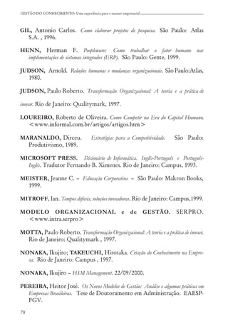 78
GESTÃO DO CONHECIMENTO: Uma experiência para o sucesso empresarial
GIL, Antonio Carlos. Como elaborar projetos de pesquisa. São Paulo: Atlas
S.A. , 1996.
HENN, Herman F. Peopleware: Como trabalhar o fator humano nas
implementações de sistemas integrados (ERP). São Paulo: Gente, 1999.
JUDSON, Arnold. Relações humanas e mudanças organizacionais. São Paulo:Atlas,
1980.
JUDSON, Paulo Roberto. Transformação Organizacional: A teoria e a prática de
inovar. Rio de Janeiro: Qualitymark, 1997.
LOUREIRO, Roberto de Oliveira. Como Competir na Era do Capital Humano.
<www.informal.com.br/artigos/artigos.htm>
MARANALDO, Dirceu. Estratégias para a Competitividade. São Paulo:
Produtivismo, 1989.
MICROSOFT PRESS. Dicionário de Informática. Inglês-Português e Português-
Inglês. Tradutor Fernando B. Ximenes. Rio de Janeiro: Campus, 1993.
MEISTER, Jeanne C. – Educação Corporativa – São Paulo: Makron Books,
1999.
MITROFF, Ian. Tempos difíceis, soluções inovadoras. Rio de Janeiro: Campus,1999.
MODELO ORGANIZACIONAL e de GESTÃO. SERPRO.
<www.intra.serpro>
MOTTA, Paulo Roberto. Transformação Organizacional: A teoria e a prática de inovar.
Rio de Janeiro: Qualitymark , 1997.
NONAKA, Ikujiro; TAKEUCHI, Hirotaka. Criação do Conhecimento na Empre-
sa. Rio de Janeiro: Campus , 1997.
NONAKA, Ikujiro – HSM Management. 22/09/2000.
PEREIRA, Heitor José. Os Novos Modelos de Gestão: Análise e algumas práticas em
Empresas Brasileiras. Tese de Doutoramento em Administração. EAESP-
FGV.
 