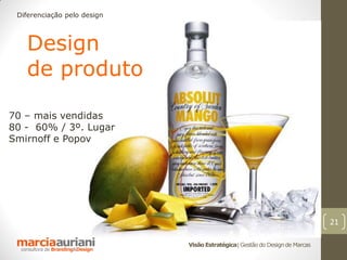 Diferenciação pelo design



   Design
   de produto

70 – mais vendidas
80 - 60% / 3º. Lugar
Smirnoff e Popov




                                                                              21

                             Visão Estratégica | Gestão do Design de Marcas
 
