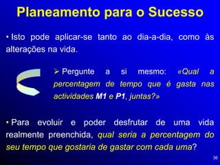 36
Planeamento para o Sucesso
• Isto pode aplicar-se tanto ao dia-a-dia, como às
alterações na vida.
 Pergunte a si mesmo: «Qual a
percentagem de tempo que é gasta nas
actividades M1 e P1, juntas?»
• Para evoluir e poder desfrutar de uma vida
realmente preenchida, qual seria a percentagem do
seu tempo que gostaria de gastar com cada uma?
 