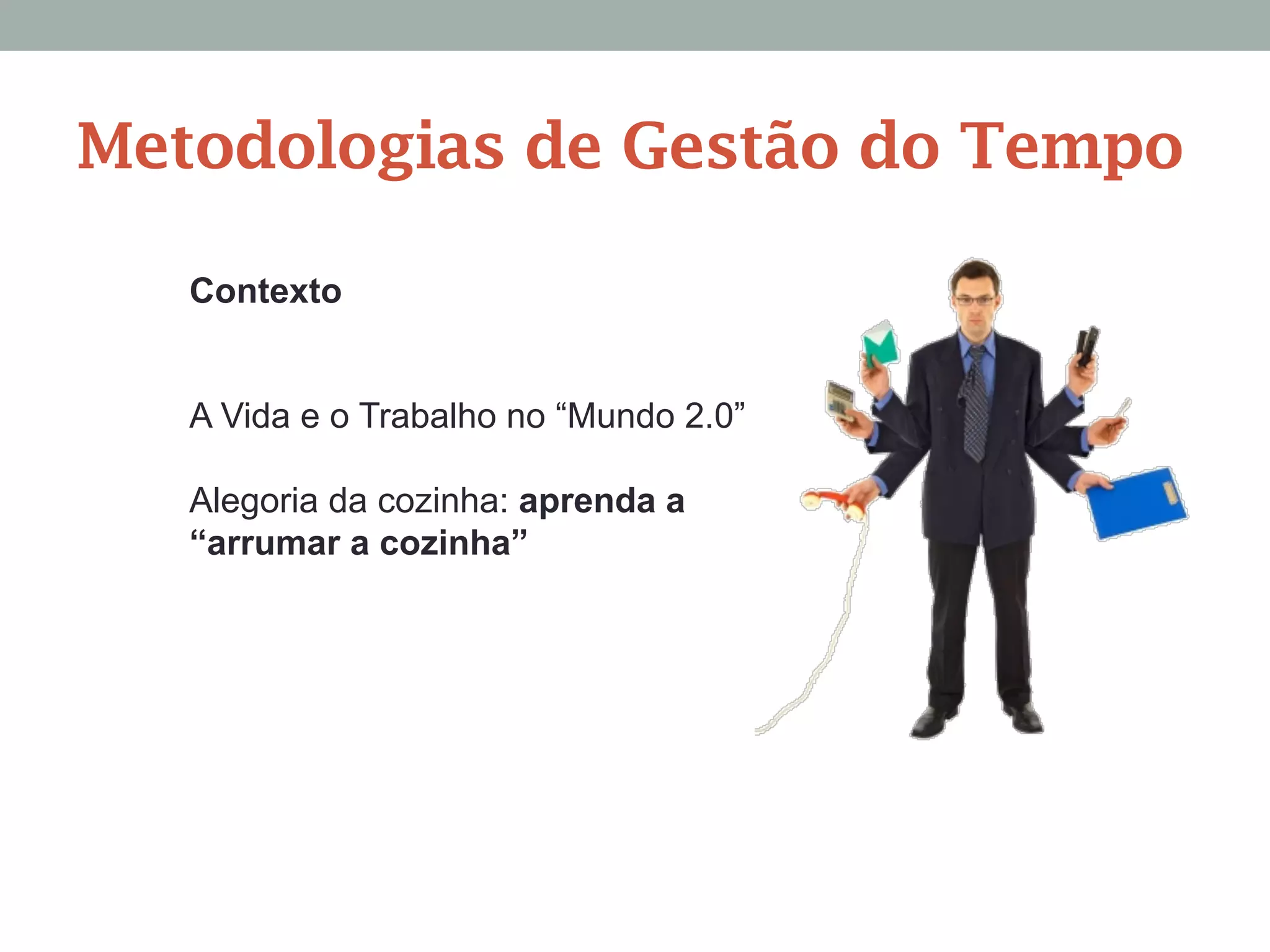 Contexto
A Vida e o Trabalho no “Mundo 2.0”
Alegoria da cozinha: aprenda a
“arrumar a cozinha”
Metodologias de Gestão do Tempo
 