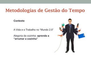 Contexto
A Vida e o Trabalho no “Mundo 2.0”
Alegoria da cozinha: aprenda a
“arrumar a cozinha”
Metodologias de Gestão do Tempo
 