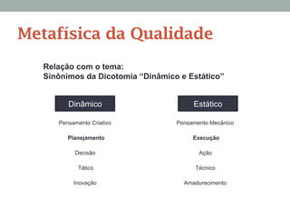 Relação com o tema:
Sinônimos da Dicotomia “Dinâmico e Estático”
Dinâmico Estático
Pensamento Criativo Pensamento Mecânico
Planejamento Execução
Decisão Ação
Tático Técnico
Inovação Amadurecimento
Metafísica da Qualidade
 