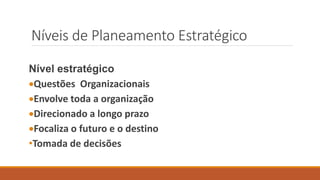 Níveis de Planeamento Estratégico
Nível estratégico
Questões Organizacionais
Envolve toda a organização
Direcionado a longo prazo
Focaliza o futuro e o destino
•Tomada de decisões
 