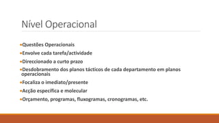 Nível Operacional
Questões Operacionais
Envolve cada tarefa/actividade
Direccionado a curto prazo
Desdobramento dos planos tácticos de cada departamento em planos
operacionais
Focaliza o imediato/presente
Acção específica e molecular
Orçamento, programas, fluxogramas, cronogramas, etc.
 