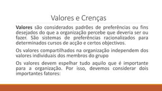 Valores e Crenças
Valores são considerados padrões de preferências ou fins
desejados do que a organização percebe que deveria ser ou
fazer. São sistemas de preferências racionalizados para
determinados cursos de acção e certos objectivos.
Os valores compartilhados na organização independem dos
valores individuais dos membros do grupo
Os valores devem espelhar tudo aquilo que é importante
para a organização. Por isso, devemos considerar dois
importantes fatores:
 