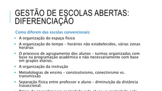 GESTÃO DE ESCOLAS ABERTAS:
DIFERENCIAÇÃO
Como diferem das escolas convencionais:
 A organização do espaço físico
 A organização do tempo – horários não estabelecidos, várias zonas
horárias
 O processo de agrupamento dos alunos – turmas organizadas com
base na programação académica e não necessariamente com base
em grupos etários.
 A organização da instrução
 Metodologias de ensino – construtivismo, conectivismo vs.
transmissão
 Separação física entre professor e aluno – diminuição da distância
trasaccional.
 
