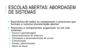 ESCOLAS ABERTAS: ABORDAGEM
DE SISTEMAS
 Panorâmica de todos os components e processos que
formam o sistema (escolaridade aberta)
 Processos e componentes organizam-se em sub-
sistemas:
 Ensino e aprendizagem
 Desenvolvimento de materiais
 Concepção e desenvolvimento de cursos
 Comunicação
 Gestão, administração
 Apoio ao aluno
 