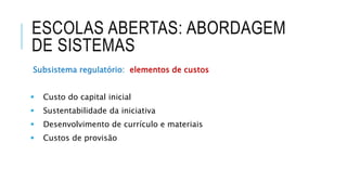 ESCOLAS ABERTAS: ABORDAGEM
DE SISTEMAS
Subsistema regulatório: elementos de custos
 Custo do capital inicial
 Sustentabilidade da iniciativa
 Desenvolvimento de currículo e materiais
 Custos de provisão
 