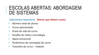 ESCOLAS ABERTAS: ABORDAGEM
DE SISTEMAS
Subsistema regulatório: fatores que afetam custos
 Número total de alunos
 Curso apresentado
 Prazo de vida do curso
 Escolha de mídia e tecnologia
 Apoio presencial
 Parâmetros de concepção do curso
 Tamanho do curso / módulo
 