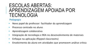 ESCOLAS ABERTAS:
APRENDIZAGEM APOIADA POR
TECNOLOGIA
Pedagogia
 Novo papel do professor: facilitador da aprendizagem
 Processo centrado no aluno
 Aprendizagem colaborativa
 Integração de tecnologia e REA no desenvolvimento de materiais
 Enfoque na aplicação (flipped classrooms)
 Envolvimento do aluno em atividades que promovem análise crítica
 