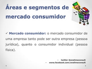 Áreas e segmentos de
mercado consumidor


 Mercado consumidor: o mercado consumidor de
uma empresa tanto pode ser outra empresa (pessoa
jurídica), quanto o consumidor individual (pessoa
física).


                                   • twitter @analimaconsult
                        •   www.facebook.com/analimaconsult
 