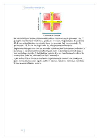 Gestão Eficiente de TIC
22
Os parâmetros que devem ser considerados são os classificados nos quadrantes III e IV
por apresentarem maior beneficio na gestão dos processos. Os parâmetros do quadrante
III devem ser implantados em primeiro lugar, por serem de fácil implementação. Os
parâmetros I e II devem ser desprezados por não apresentarem beneficio.
Importante nesse processo é ter um mediador experiente para questionar os parâmetros e
evitar que os especialistas técnicos classifiquem todos os parâmetros como eficazes, o
que inviabiliza o método. A facilidade de controle deve ser classificada pelo esforço de
conseguir os dados, de preferência de forma automática.
Após a classificação devem-se confrontar os parâmetros de controle com os exigidos
pelas normas internacionais e pelos auditores internos e externos. Embora, o importante
é fazer a gestão eficaz do negócio.
 