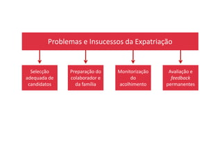 Problemas e Insucessos da Expatriação
Selecção
adequada de
Preparação do
colaborador e
Monitorização
do
Avaliação e
feedbackadequada de
candidatos
colaborador e
da família
do
acolhimento
feedback
permanentes
 