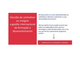 Decisão de centralizar
ou integrar
a gestão internacional
de formação e
Até que ponto os cursos disponibilizados às
subsidiárias reflectem realmente as suas
necessidades formativas?
Até que ponto é que se pode assumir que
todos os colaboradores têm acesso à
tecnologia e estão familiarizados com o seu
de formação e
desenvolvimento
tecnologia e estão familiarizados com o seu
uso, por forma a administrar programas
online?
Equilíbrio entre centralização e localização
 