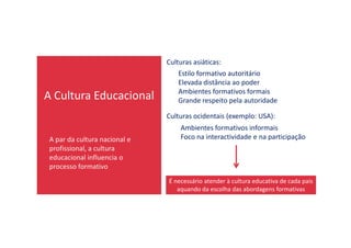 A Cultura Educacional
Culturas asiáticas:
Estilo formativo autoritário
Elevada distância ao poder
Ambientes formativos formais
Grande respeito pela autoridade
Culturas ocidentais (exemplo: USA):
Ambientes formativos informais
A par da cultura nacional e
profissional, a cultura
educacional influencia o
processo formativo
É necessário atender à cultura educativa de cada país
aquando da escolha das abordagens formativas
Ambientes formativos informais
Foco na interactividade e na participação
 