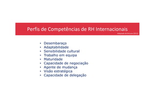 Perfis de Competências de RH Internacionais
Adaptado de Briscoe (2012)
• Desembaraço
• Adaptabilidade
• Sensibilidade cultural
• Trabalho em equipa• Trabalho em equipa
• Maturidade
• Capacidade de negociação
• Agente de mudança
• Visão estratégica
• Capacidade de delegação
 