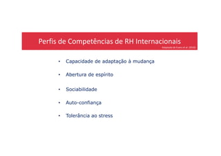 Perfis de Competências de RH Internacionais
Adaptado de Evans et al. (2010)
• Capacidade de adaptação à mudança
• Abertura de espírito
• Sociabilidade
• Auto-confiança
• Tolerância ao stress
 