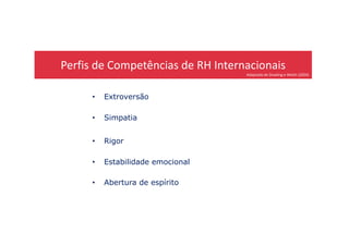 Perfis de Competências de RH Internacionais
Adaptado de Dowling e Welsh (2004)
• Extroversão
• Simpatia
• Rigor
• Estabilidade emocional
• Abertura de espírito
 
