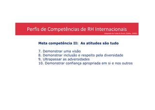 Perfis de Competências de RH Internacionais
Adaptado de Tubbs & Shultz (2006a, 2006b)
Meta competência II: As atitudes são tudo
7. Demonstrar uma visão
8. Demonstrar inclusão e respeito pela diversidade8. Demonstrar inclusão e respeito pela diversidade
9. Ultrapassar as adversidades
10. Demonstrar confiança apropriada em si e nos outros
 