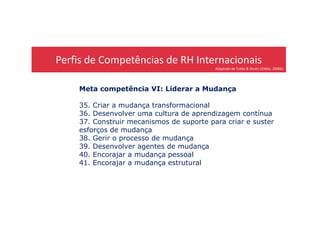 Perfis de Competências de RH Internacionais
Adaptado de Tubbs & Shultz (2006a, 2006b)
Meta competência VI: Liderar a Mudança
35. Criar a mudança transformacional
36. Desenvolver uma cultura de aprendizagem contínua36. Desenvolver uma cultura de aprendizagem contínua
37. Construir mecanismos de suporte para criar e suster
esforços de mudança
38. Gerir o processo de mudança
39. Desenvolver agentes de mudança
40. Encorajar a mudança pessoal
41. Encorajar a mudança estrutural
 