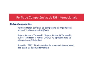 Perfis de Competências de RH Internacionais
Outras taxonomias:
Harris e Moran (1987): 68 competências importantes
sendo 21 altamente desejáveis
Kayes, Kayes e Yamazaki (Kayes, Kayes, & Yamazaki,
2005; Yamazaki & Kayes, 2004): 73 aptidões que se
agrupam em 10 clusters
Russell (1798): 70 dimensões de sucesso internacional,
das quais 21 são fundamentais
 