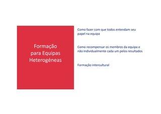 Formação
para Equipas
Heterogéneas
Como fazer com que todos entendam seu
papel na equipa
Como recompensar os membros da equipa e
não individualmente cada um pelos resultados
Heterogéneas
Formação intercultural
 