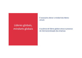 Líderes globais,
mindsets globais
É necessário alterar o mindset dos líderes
actuais
A ausência de líderes globais atrasa o processomindsets globais A ausência de líderes globais atrasa o processo
de internacionalização das empresas
 