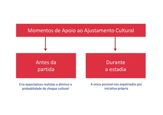 Momentos de Apoio ao Ajustamento Cultural
Antes da
partida
Durante
a estadia
Cria expectativas realistas e diminui a
probabilidade de choque cultural
A única possível nos expatriados por
iniciativa própria
 