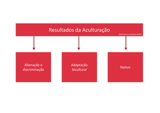 Resultados da Aculturação
Adaptado de Hofstede (2001)
Alienação e
discriminação
Adaptação
bicultural
Nativo
 
