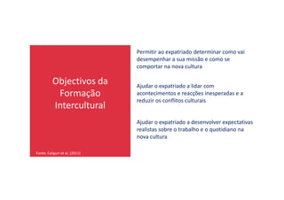 Objectivos da
Formação
Intercultural
Permitir ao expatriado determinar como vai
desempenhar a sua missão e como se
comportar na nova cultura
Ajudar o expatriado a lidar com
acontecimentos e reacções inesperadas e a
reduzir os conflitos culturais
Intercultural
reduzir os conflitos culturais
Ajudar o expatriado a desenvolver expectativas
realistas sobre o trabalho e o quotidiano na
nova cultura
Fonte: Caliguri et al. (2011)
 