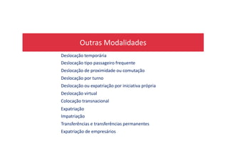 Outras Modalidades
Deslocação temporária
Deslocação tipo passageiro frequente
Deslocação de proximidade ou comutação
Deslocação por turnoDeslocação por turno
Deslocação ou expatriação por iniciativa própria
Deslocação virtual
Colocação transnacional
Expatriação
Impatriação
Transferências e transferências permanentes
Expatriação de empresários
 