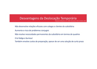 Desvantagens da Deslocação Temporária
Adaptado de Meyskens, et al., 2009; Tahvanainen, Worm, & Welch, 2005
Não desenvolve relações eficazes com colegas e clientes da subsidiária
Aumenta o risco de problemas conjugais
Não resolve necessidades permanentes da subsidiária em termos de quadrosNão resolve necessidades permanentes da subsidiária em termos de quadros
Cria fadiga e burnout
Também envolve custos de preparação, apesar de ser uma solução de curto prazo
 