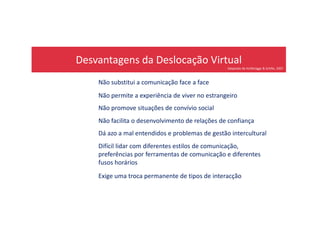 Desvantagens da Deslocação Virtual
Adaptado de Holtbrügge & Schillo, 2007
Não substitui a comunicação face a face
Não permite a experiência de viver no estrangeiro
Não promove situações de convívio social
Não facilita o desenvolvimento de relações de confiança
Dá azo a mal entendidos e problemas de gestão intercultural
Difícil lidar com diferentes estilos de comunicação,
preferências por ferramentas de comunicação e diferentes
fusos horários
Exige uma troca permanente de tipos de interacção
 