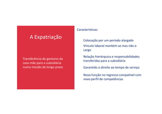 A Expatriação
Transferência de gestores da
Características:
Colocação por um período alargado
Vínculo laboral mantém-se mas não o
cargo
Relação hierárquica e responsabilidades
Transferência de gestores da
casa mãe para a subsidiária
numa missão de longo prazo
Relação hierárquica e responsabilidades
transferidas para a subsidiária
Garantido o direito ao tempo de serviço
Nova função no regresso compatível com
novo perfil de competências
 