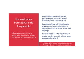 Necessidades
Formativas e de
Preparação
Um expatriado normal está mais
preparado para a função e menos
motivado para o desafio cultural
Um expatriado de auto-iniciativa dito
privado está mais preparado para o
desafio intercultural do que para o novo
emprego
Os expatriados de auto-iniciativa precisam de
formação técnica e de ajustamento cultural
emprego
Não se pode assumir que os
expatriados de iniciativa própria
já fizeram o ajustamento cultural
Um expatriado de auto-iniciativa quer
seja de carreira quer seja privado carece
de adaptação cultural
 