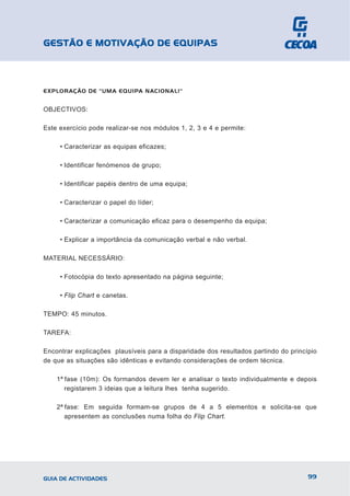 GESTÃO E MOTIVAÇÃO DE EQUIPAS



EXPLORAÇÃO DE "UMA EQUIPA NACIONAL!"


OBJECTIVOS:

Este exercício pode realizar-se nos módulos 1, 2, 3 e 4 e permite:

     • Caracterizar as equipas eficazes;

     • Identificar fenómenos de grupo;

     • Identificar papéis dentro de uma equipa;

     • Caracterizar o papel do líder;

     • Caracterizar a comunicação eficaz para o desempenho da equipa;

     • Explicar a importância da comunicação verbal e não verbal.

MATERIAL NECESSÁRIO:

     • Fotocópia do texto apresentado na página seguinte;

     • Flip Chart e canetas.

TEMPO: 45 minutos.

TAREFA:

Encontrar explicações plausíveis para a disparidade dos resultados partindo do princípio
de que as situações são idênticas e evitando considerações de ordem técnica.

    1ª fase (10m): Os formandos devem ler e analisar o texto individualmente e depois
       registarem 3 ideias que a leitura lhes tenha sugerido.

    2ª fase: Em seguida formam-se grupos de 4 a 5 elementos e solicita-se que
       apresentem as conclusões numa folha do Flip Chart.




GUIA DE ACTIVIDADES                                                                  99
 