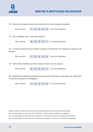 GESTÃO E MOTIVAÇÃO DE EQUIPAS



16 - Sinto-me lisonjeado quando um elemento da minha equipa é elogiado.

         Não concordo          1     2    3     4    5     Concordo totalmente



17 - Se eu delegar tudo, o que faço depois?

         Não concordo          5     4    3     2    1     Concordo totalmente



18 - A minha equipa funciona mesmo quando um imprevisto me impede do exercício de
funções.

         Não concordo          1     2    3     4    5     Concordo totalmente



19 - Tenho tanto trabalho que não consigo cumprir com os prazos.

         Não concordo          5     4    3     2    1     Concordo totalmente



20 - Através da avaliação procuramos em conjunto determinar o que pode ser melhorado
no próximo processo de delegação.

         Não concordo          1     2    3     4    5     Concordo totalmente




Some os pontos obtidos e discuta-os com os resultados dos outros membros da sua equipa.
Se a sua pontuação se situa entre 20 a 49 pontos, importa adoptar medidas com urgência!
Se a sua pontuação se situa entre 50 a 79 pontos, está no bom caminho mas ainda pode melhorar!
Se a sua pontuação se situa entre 80 a 100 pontos, parabéns, e continue no caminho da delegação!




114                                                                            GUIA DE ACTIVIDADES
 