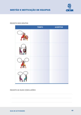 GESTÃO E MOTIVAÇÃO DE EQUIPAS




REGISTO DOS GRUPOS

                             TEMPO   ACERTOS




REGISTE AS SUAS CONCLUSÕES




GUIA DE ACTIVIDADES                            121
 
