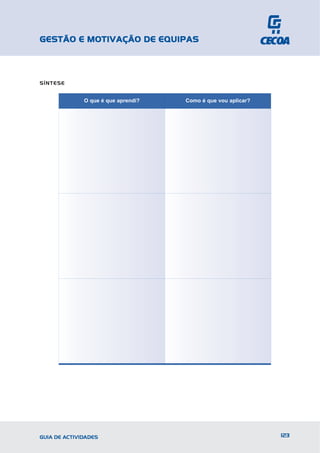 GESTÃO E MOTIVAÇÃO DE EQUIPAS



SÍNTESE


              O que é que aprendi?   Como é que vou aplicar?




GUIA DE ACTIVIDADES                                            123
 