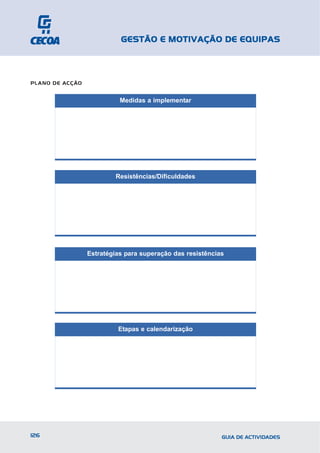 GESTÃO E MOTIVAÇÃO DE EQUIPAS



PLANO DE ACÇÃO


                           Medidas a implementar




                         Resistências/Dificuldades




                 Estratégias para superação das resistências




                          Etapas e calendarização




126                                                        GUIA DE ACTIVIDADES
 