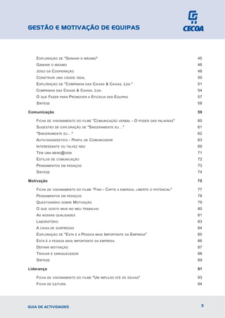 GESTÃO E MOTIVAÇÃO DE EQUIPAS



   EXPLORAÇÃO        DE   "GANHAR       O MÁXIMO "                                                        45
   GANHAR       O MÁXIMO                                                                                  46
   JOGO    DA     COOPERAÇÃO                                                                              48
   CONSTRUIR       UMA CIDADE IDEAL                                                                       50
   EXPLORAÇÃO        DE   "COMPANHIA      DAS     CAIXAS & CAIXAS, LDA."                                  51
   COMPANHIA       DAS    CAIXAS & CAIXAS, LDA.                                                           54
   O   QUE   FAZER   PARA   PROMOVER          A   EFICÁCIA   DAS   EQUIPAS                                57
   SÍNTESE                                                                                                58

Comunicação                                                                                               59

   FICHA     DE VISIONAMENTO DO FILME             "COMUNICAÇÃO       VERBAL   -O   PODER DAS PALAVRAS "   60
   SUGESTÃO        DE EXPLORAÇÃO DE         "SINCERAMENTE          EU …"                                  61
   "SINCERAMENTE          EU …"                                                                           62
   AUTO-DIAGNÓSTICO - PERFIL             DE   COMUNICADOR                                                 63
   INTERESSANTE       OU TALVEZ NÃO                                                                       69
   TEM   UMA MENS @ GEM                                                                                   71
   ESTILOS      DE COMUNICAÇÃO                                                                            72
   PENSAMENTOS        EM PEDAÇOS                                                                          73
   SÍNTESE                                                                                                74

Motivação                                                                                                 75

   FICHA     DE VISIONAMENTO DO FILME             "FISH - CAPTE     A ENERGIA , LIBERTE O POTENCIAL "     77
   PENSAMENTOS        EM PEDAÇOS                                                                          78
   QUESTIONÁRIO       SOBRE       MOTIVAÇÃO                                                               79
   O   QUE GOSTO MAIS NO MEU TRABALHO                                                                     80
   AS   NOSSAS QUALIDADES                                                                                 81
   LABORATÓRIO                                                                                            83
   A   CAIXA DE SURPRESAS                                                                                 84
   EXPLORAÇÃO        DE   "ESTA   É A   PESSOA      MAIS I MPORTANTE DA      EMPRESA"                     85
   ESTA   É A PESSOA MAIS IMPORTANTE DA EMPRESA                                                           86
   DEFINIR    MOTIVAÇÃO                                                                                   87
   TROCAR       É ENRIQUECEDOR                                                                            88
   SÍNTESE                                                                                                89

Liderança                                                                                                 91

   FICHA     DE VISIONAMENTO DO FILME             "UM   IMPULSO ATÉ ÀS ÁGUIAS "                           93
   FICHA     DE   LEITURA                                                                                 94




GUIA DE ACTIVIDADES                                                                                        3
 