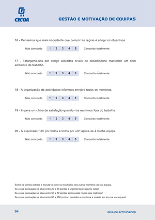 GESTÃO E MOTIVAÇÃO DE EQUIPAS



16 - Pensamos que mais importante que cumprir as regras é atingir os objectivos.

         Não concordo           1     2     3     4     5       Concordo totalmente



17 - Esforçamo-nos por atingir elevados níveis de desempenho mantendo um bom
ambiente de trabalho.

         Não concordo           1     2     3     4     5       Concordo totalmente




18 - A organização de actividades informais envolve todos os membros.

         Não concordo           1     2     3     4     5       Concordo totalmente



19 - Impera um clima de satisfação quando nos reunimos fora do trabalho

         Não concordo           1     2     3     4     5       Concordo totalmente



20 - A expressão "Um por todos e todos por um" aplica-se à minha equipa.

         Não concordo           1     2     3     4     5       Concordo totalmente




Some os pontos obtidos e discuta-os com os resultados dos outros membros da sua equipa.
Se a sua pontuação se situa entre 20 a 49 pontos é urgente fazer alguma coisa!
Se a sua pontuação se situa entre 50 a 79 pontos ainda existe muito para melhorar!
Se a sua pontuação se situa entre 80 a 100 pontos, parabéns e continue a investir em si e na sua equipa!




36                                                                                    GUIA DE ACTIVIDADES
 