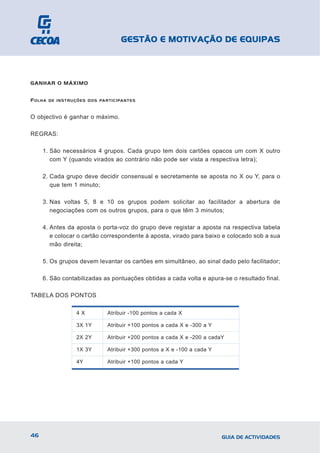 GESTÃO E MOTIVAÇÃO DE EQUIPAS



GANHAR O MÁXIMO


F OLHA   DE INSTRUÇÕES DOS PARTICIPANTES



O objectivo é ganhar o máximo.

REGRAS:

     1. São necessários 4 grupos. Cada grupo tem dois cartões opacos um com X outro
        com Y (quando virados ao contrário não pode ser vista a respectiva letra);

     2. Cada grupo deve decidir consensual e secretamente se aposta no X ou Y, para o
        que tem 1 minuto;

     3. Nas voltas 5, 8 e 10 os grupos podem solicitar ao facilitador a abertura de
        negociações com os outros grupos, para o que têm 3 minutos;

     4. Antes da aposta o porta-voz do grupo deve registar a aposta na respectiva tabela
        e colocar o cartão correspondente à aposta, virado para baixo e colocado sob a sua
        mão direita;

     5. Os grupos devem levantar os cartões em simultâneo, ao sinal dado pelo facilitador;

     6. São contabilizadas as pontuações obtidas a cada volta e apura-se o resultado final.

TABELA DOS PONTOS

                  4X          Atribuir -100 pontos a cada X

                  3X 1Y       Atribuir +100 pontos a cada X e -300 a Y

                  2X 2Y       Atribuir +200 pontos a cada X e -200 a cadaY

                  1X 3Y       Atribuir +300 pontos a X e -100 a cada Y

                  4Y          Atribuir +100 pontos a cada Y




46                                                                       GUIA DE ACTIVIDADES
 
