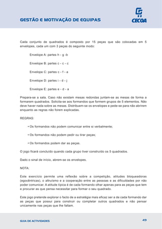 GESTÃO E MOTIVAÇÃO DE EQUIPAS



Cada conjunto de quadrados é composto por 15 peças que são colocadas em 5
envelopes, cada um com 3 peças do seguinte modo:

        Envelope A: partes h - g -b

        Envelope B: partes c - c - c

        Envelope C: partes c - f - a

        Envelope D: partes i - d - j

        Envelope E: partes e - d - a

Prepara-se a sala. Caso não existam mesas redondas juntam-se as mesas de forma a
formarem quadrados. Solicita-se aos formandos que formem grupos de 5 elementos. Não
deve haver nada sobre as mesas. Distribuem-se os envelopes e pede-se para não abrirem
enquanto as regras não forem explicadas.

REGRAS:

     • Os formandos não podem comunicar entre si verbalmente;

     • Os formandos não podem pedir ou tirar peças;

     • Os formandos podem dar as peças.

O jogo ficará concluído quando cada grupo tiver construído os 5 quadrados.

Dado o sinal de início, abrem-se os envelopes.

NOTA:

Este exercício permite uma reflexão sobre a competição, atitudes bloqueadoras
(egocêntricas), o altruísmo e a cooperação entre as pessoas e as dificuldades por não
poder comunicar. A atitude típica é de cada formando olhar apenas para as peças que tem
e procurar as que pensa necessitar para formar o seu quadrado.

Este jogo pretende explorar o facto de a estratégia mais eficaz ser a de cada formando dar
as peças que possui para construir ou completar outros quadrados e não pensar
unicamente nas peças que lhe faltam.




GUIA DE ACTIVIDADES                                                                    49
 