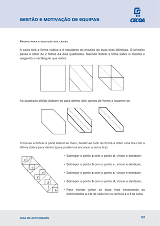 GESTÃO E MOTIVAÇÃO DE EQUIPAS



PASSOS   PARA A EXECUÇÃO DAS C AIXAS



A caixa terá a forma cúbica e é resultante do encaixe de duas tiras idênticas. O primeiro
passo é obter de 2 folhas A4 dois quadrados, fazendo dobrar a folha sobre si mesma e
rasgando o rectângulo que sobra.




Ao quadrado obtido dobram-se para dentro dois cantos de forma a tocarem-se.




Torna-se a dobrar a parte lateral ao meio, desfaz-se tudo de forma a obter uma tira com a
última dobra para dentro (para podermos encaixar a outra tira)

                                 • Sobrepor o ponto a com o ponto d, vincar e desfazer;

                                 • Sobrepor o ponto b com o ponto c, vincar e desfazer;

                                 • Sobrepor o ponto a com o ponto c, vincar e desfazer;

                                 • Sobrepor o ponto b com o ponto d, vincar e desfazer;

                                 • Para montar juntar as duas tiras encaixando as
                                   extremidades a e b de cada tira na ranhura e e f da outra.




GUIA DE ACTIVIDADES                                                                       53
 